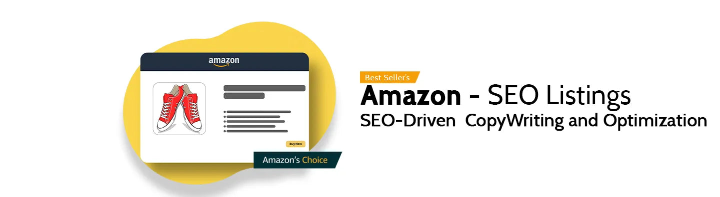 Amazon SEO Listings optimization service banner with text and an illustration of a product card.