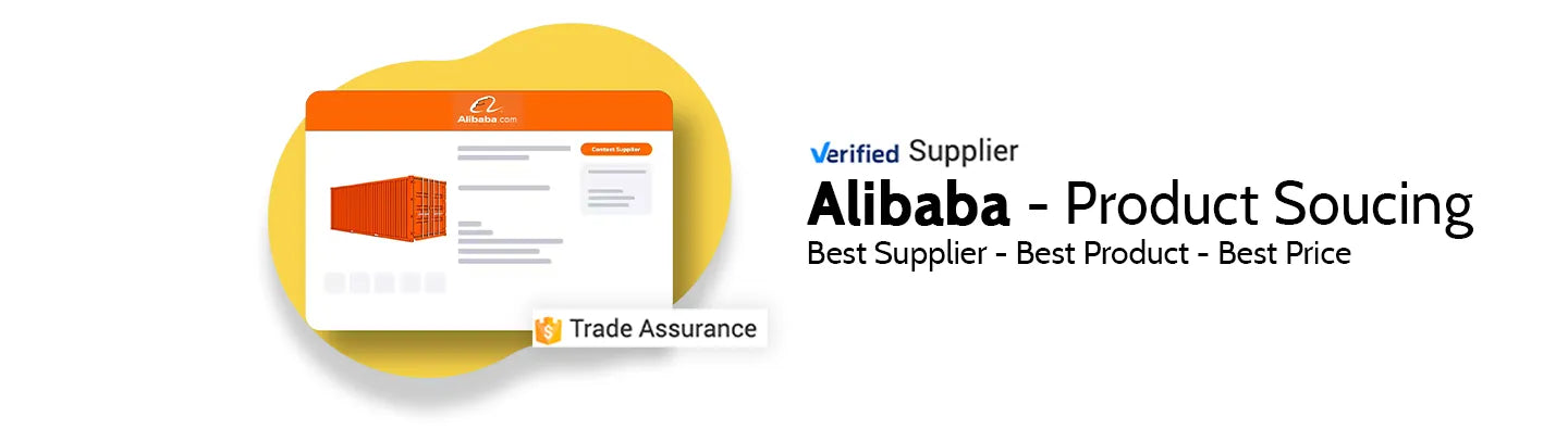 A banner ad for a product sourcing service from Alibaba, showcasing a box with the Alibaba logo and text highlighting 'Product Sourcing' and 'Best Supplier'.
